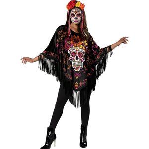 Sugar Skull Day Of The Dead Fringe Cape Poncho Flower Headband With Veil EUC